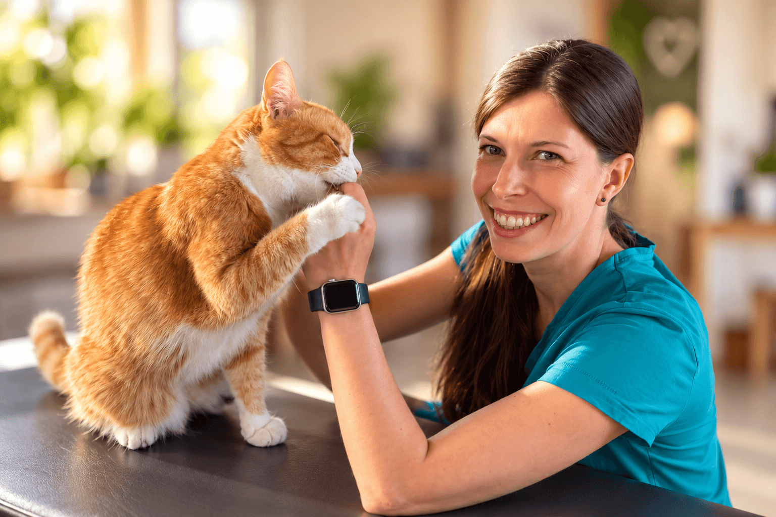 Ruhige tierärztliche Begleitung eines Hundes; im Hintergrund liegt eine Katze.